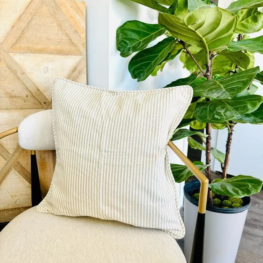 POTTERY BARN White Tan Cream Stripe Pattern Linen Pillow Case Sham 20